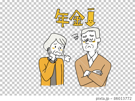 年金受取額減少に不安を感じる夫婦　コミカルな手書きの人物　ベクター線画にシンプルな色つけ　 86013772