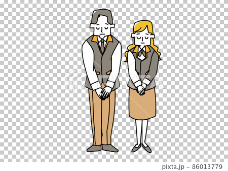 Men and women of a clerk at a consumer electronics retail store bowing, a comical handwritten person, a vector, and simple coloring of line drawings. 86013779