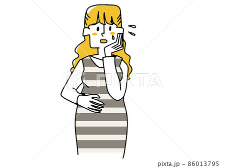 妊娠中不安を感じる妊婦 コミカルな手書きの人物 ベクター 線画にシンプルな色つけ のイラスト素材