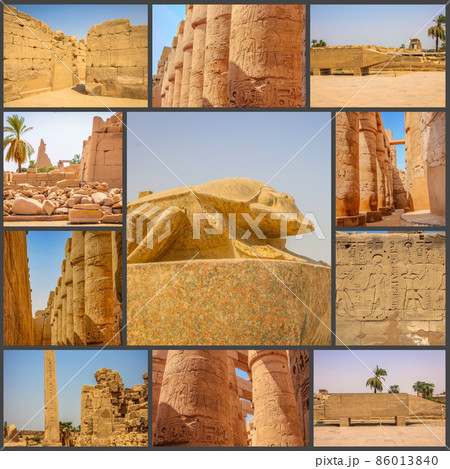 A collage of photos Beautiful ancient Temple of Medina-Habu. Egypt, Luxor. 86013840