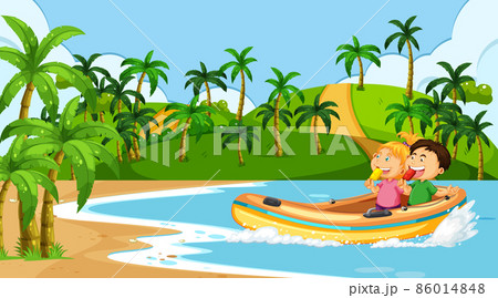 Beach scenery with children in inflatable boat 86014848