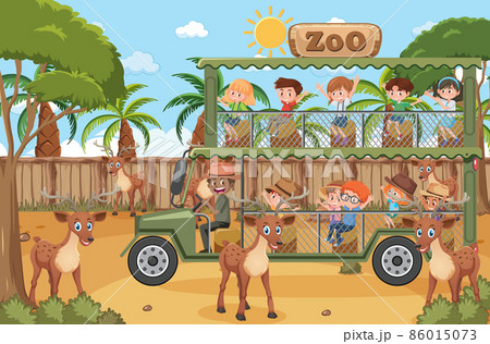 Safari scene with kids on tourist car watching deer group 86015073