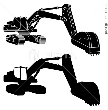 Silhouette of Heavy excavator machine for construction and earthworks in linear. Industrial machinery and equipment. Isolated vector on white Silhouette of Heavy excavator machine for construction and earthworks in linear. Industrial machinery and equipment. Isolated vector on white 86015490