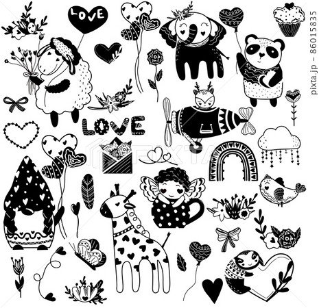 Big set for Valentine's day, happy cupid's, animals, flowers, birds, gnome, butterfly, balloons, rainbow. Cute Black and white characters. Enamored Black and white Animals. Flat icon set. Vector. 86015835