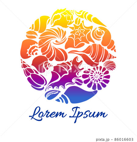 Symbol of silhouettes of sea shells in circle. Rainbow color set of undersea world. Vector Symbol of silhouettes of sea shells in circle. Rainbow color set of undersea world. Vector 86016603