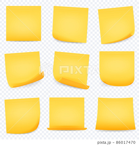 Realistic square yellow paper sticky memo notes. Office reminder sticker pages with curled corners. Yellow stick note isolated on white background, vector illustration 86017470
