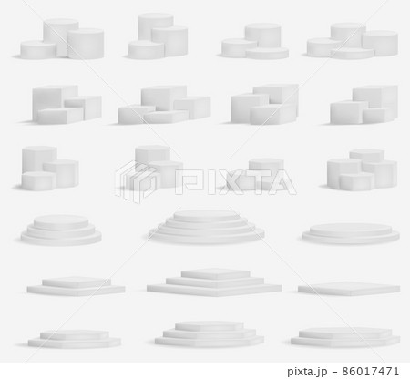 3d white square and round podium platforms for product showroom. Geometrical 3d round and square empty podium decent vector templates collection isolated 3d white square and round podium platforms for product showroom. Geometrical 3d round and square empty podium decent vector templates collection isolated 86017471