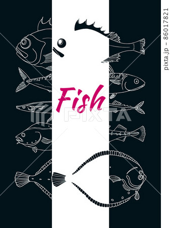Template with set of sea fish on black background. Vector sketch Template with set of sea fish on black background. Vector sketch 86017821