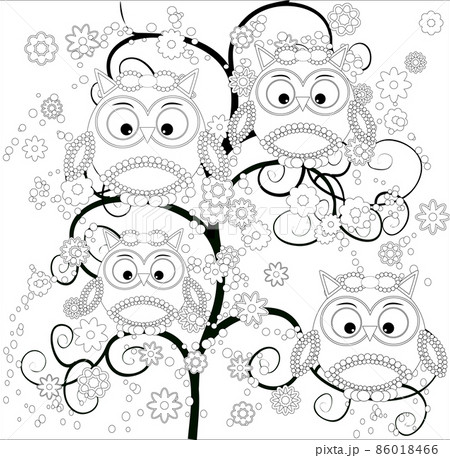 Coloring book for adult and older children. Coloring page with cute owl and floral frame. Outline drawing in zentangle style. Coloring book for adult and older children. Coloring page with cute owl and floral frame. Outline drawing in zentangle style. 86018466