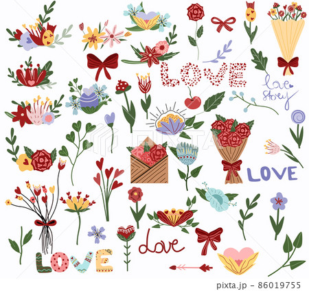 Big set flowers, leaves, Love, bouquet flowers, envelope with flowers. Wedding concept and St. Valentine's day. Colorful Cute illustration isolated a white background. Flat icon set. Vector 86019755
