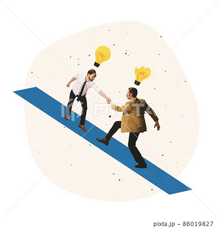 Contemporray art collage. Employee with idea pulls up man without idea symbolizing support and teamwork 86019827