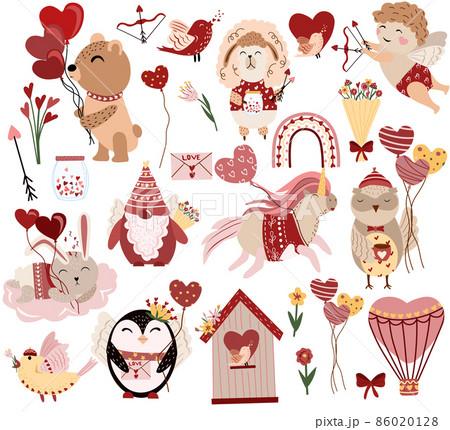 Big set for Valentine's day, happy cupid, animals, flowers, birds, balloons, gnome, bouquet of flowers, rainbow. Cute Colorful characters. Enamored Animals. Flat icon set. Vector illustration Big set for Valentine's day, happy cupid, animals, flowers, birds, balloons, gnome, bouquet of flowers, rainbow. Cute Colorful characters. Enamored Animals. Flat icon set. Vector illustration 86020128