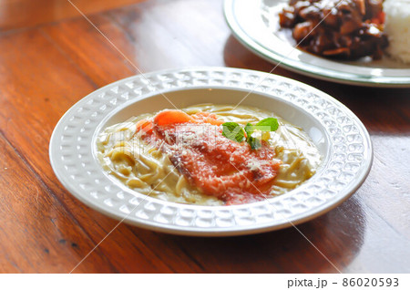 salmon spaghetti or smoked salmon spaghetti, smoked salmon pasta. 86020593