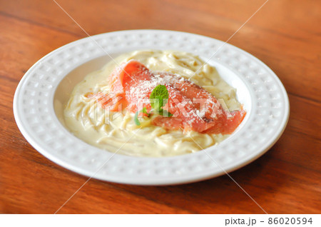 salmon spaghetti or smoked salmon spaghetti, smoked salmon pasta. 86020594