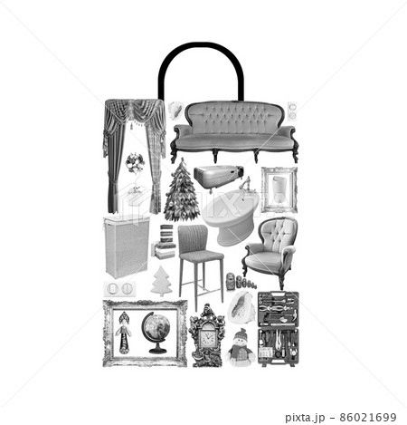 Poster of shop bag combined of many isolated items. Shopping and consumering concept 86021699
