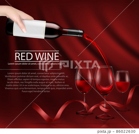 Vector illustration of a hand holding a glass wine bottle and pouring red wine into a glass Vector illustration of a hand holding a glass wine bottle and pouring red wine into a glass 86022630