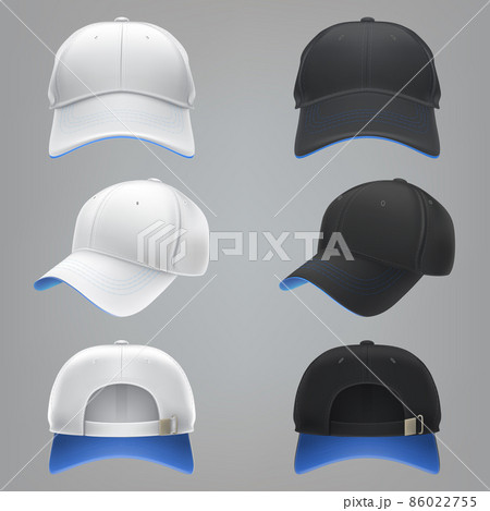 Vector realistic illustration of a white and black textile baseball cap front, back and side view 86022755