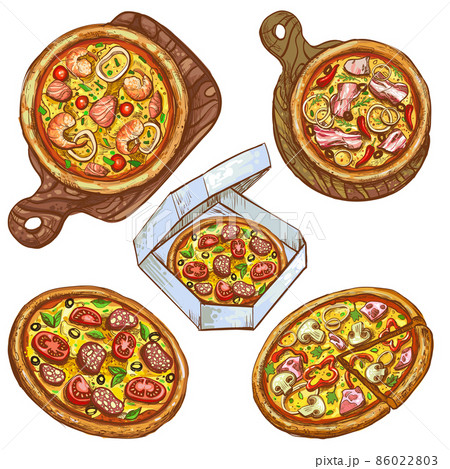 Set of vector illustrations whole pizza and slice, pizza on a wooden board, pizza in a box for delivery. Set of vector illustrations whole pizza and slice, pizza on a wooden board, pizza in a box for delivery. 86022803