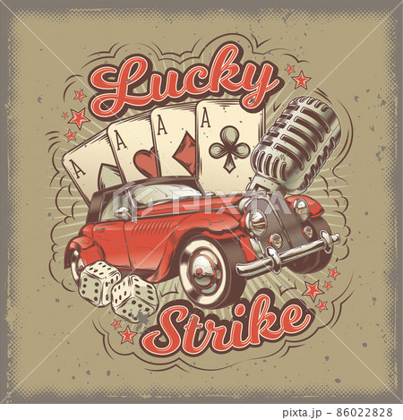 Vector grunge vintage illustration, poster with four card aces, retro car and old microphone. 86022828