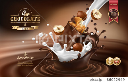 Vector 3D splashes of melted chocolate and milk with falling piece of chocolate bar. 86022949