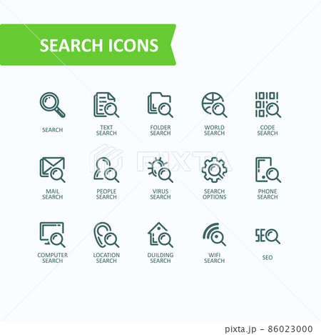 Set of vector illustrations fine line icons of analysis, search of information. 32x32 pixel perfect 86023000