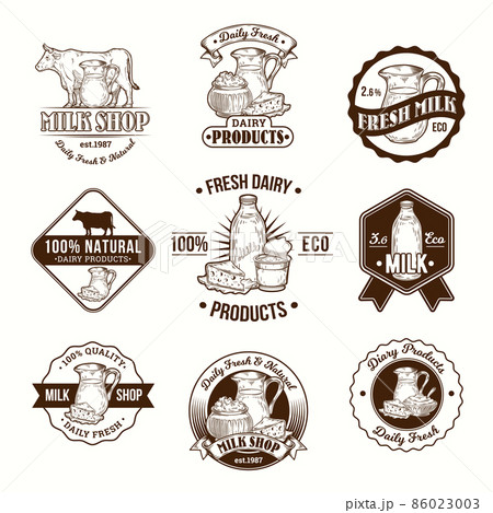 Set of vector illustrations, badges, stickers, labels, logo, stamps for milk and dairy products Set of vector illustrations, badges, stickers, labels, logo, stamps for milk and dairy products 86023003