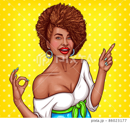 Vector pop art illustration of a black woman shows the OK sign and points the finger to the direction 86023177