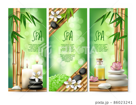 Vector banners for spa treatments with aromatic salt , massage oil, candles. 86023241