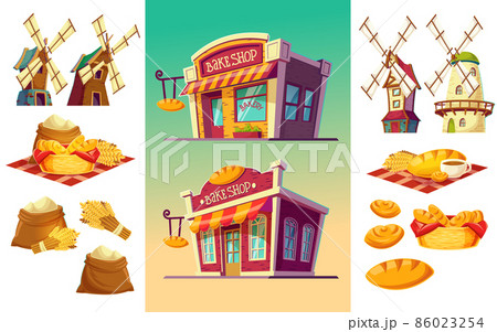 Set of icons for a bakery two bake shop, freshly baked bread, wheat ears, flour bags, windmills Set of icons for a bakery two bake shop, freshly baked bread, wheat ears, flour bags, windmills 86023254