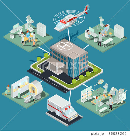 Set of 3D flat isometric illustrations of medical clinic building and medical premises with the appropriate equipment Set of 3D flat isometric illustrations of medical clinic building and medical premises with the appropriate equipment 86023262