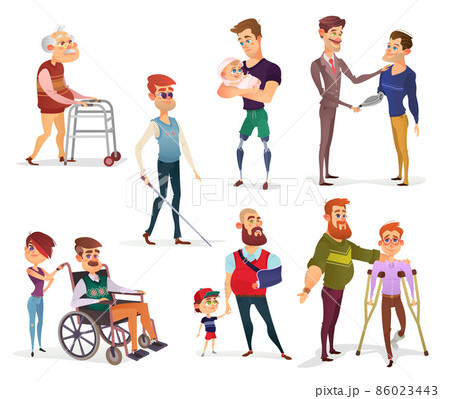 Set of vector cartoon illustrations of people with disabilities isolated on white. 86023443