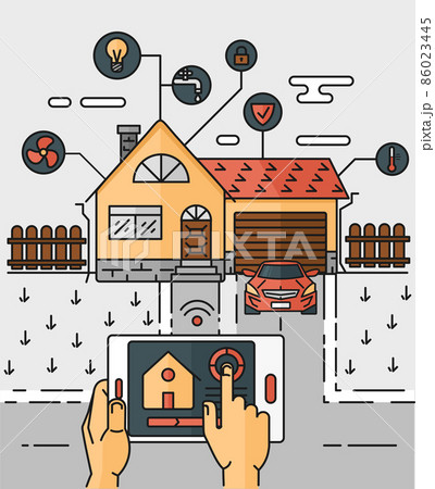 Vector line art abstract illustration smart home, controlling through internet home work equipment. 86023445