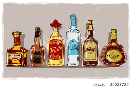 Vector set of bottles with alcohol and stemware 86023720