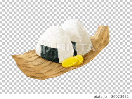 竹の皮に載せた美味しそうなおにぎりの水彩画風イラスト 86023981