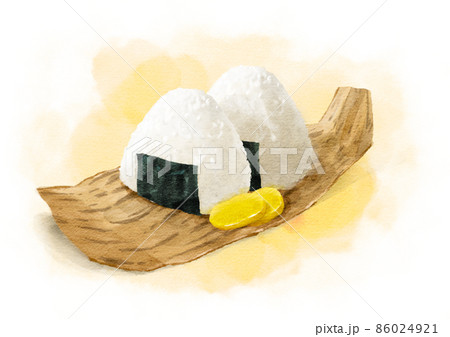 竹の皮に載せた美味しそうなおにぎりの水彩画風イラスト／背景あり 86024921