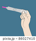Two line pregnancy test and hand. 86027410