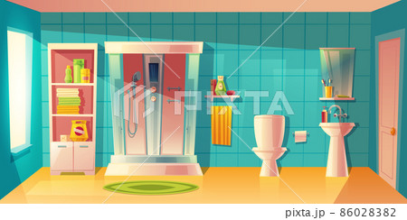 Vector bathroom interior, shower cabin and washbasin Vector bathroom interior, shower cabin and washbasin 86028382