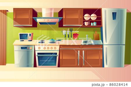Vector cartoon set of kitchen counter with appliances. Cupboard, furniture. Household objects, cooking room interior. Vector cartoon set of kitchen counter with appliances. Cupboard, furniture. Household objects, cooking room interior. 86028414