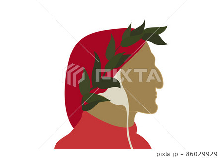 Italian writer poet concept, vector cartoon portrait, Renaissance icon, cultural logo design isolated on white background 86029929