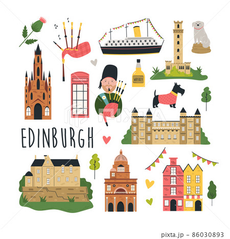 Tourist abstract design with famous destinations and landmarks of Edinburgh. Tourist abstract design with famous destinations and landmarks of Edinburgh. 86030893
