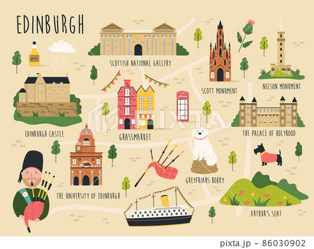 Vector illustration of map of Edinburgh with streets, symbols, famous landmarks 86030902