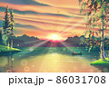 Sunny landscape with park or garden, water reflections, green grass, forest trees as pines and birches, sunlight, summer lake or pond with fisherman on vessel, birds, sun, morning nature artwork. 86031708