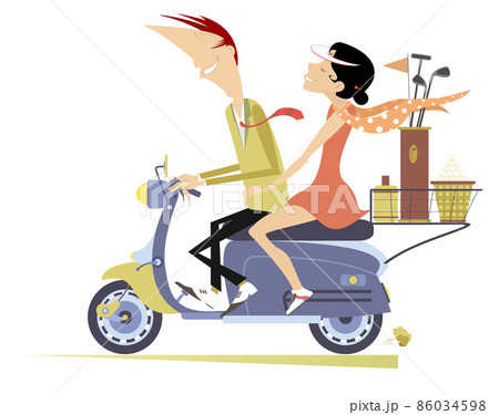 Smiling man and woman ride a scooter and go to play golf isolated illustration. Happy man and woman on the scooter are on the way to the golf course isolated on white illustration Smiling man and woman ride a scooter and go to play golf isolated illustration. Happy man and woman on the scooter are on the way to the golf course isolated on white illustration 86034598