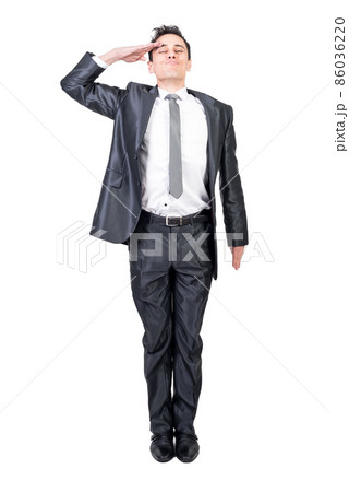 Content man saluting in studio. White background. 86036220