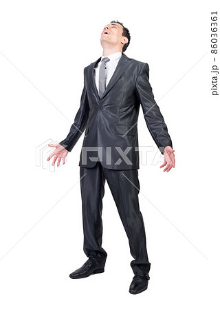 Businessman spreading arms and breathing with mouth opened Businessman spreading arms and breathing with mouth opened 86036361