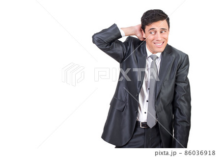 Shy man in formal wear touching head Shy man in formal wear touching head 86036918