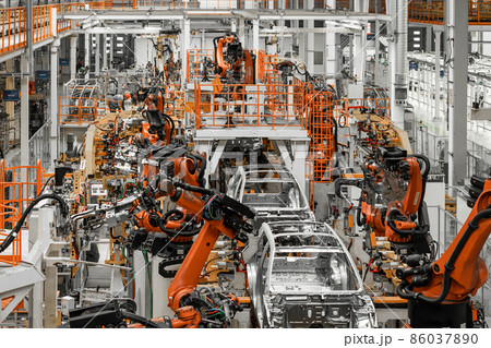 Photo of automobile production line. Welding car body. Modern car assembly plant. Auto industry 86037890