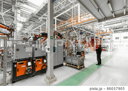 Photo of automobile production line. Welding car body. Modern car assembly plant. Auto industry 86037905
