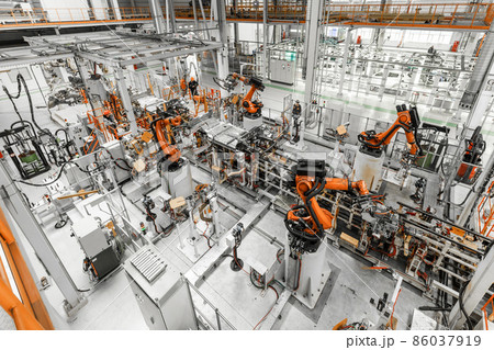 Automobile production line. Welding car body. Modern car assembly plant. Top view 86037919
