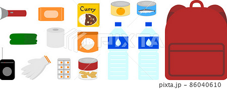 非常用持ち出し袋と中身 防災バッグ のイラスト素材